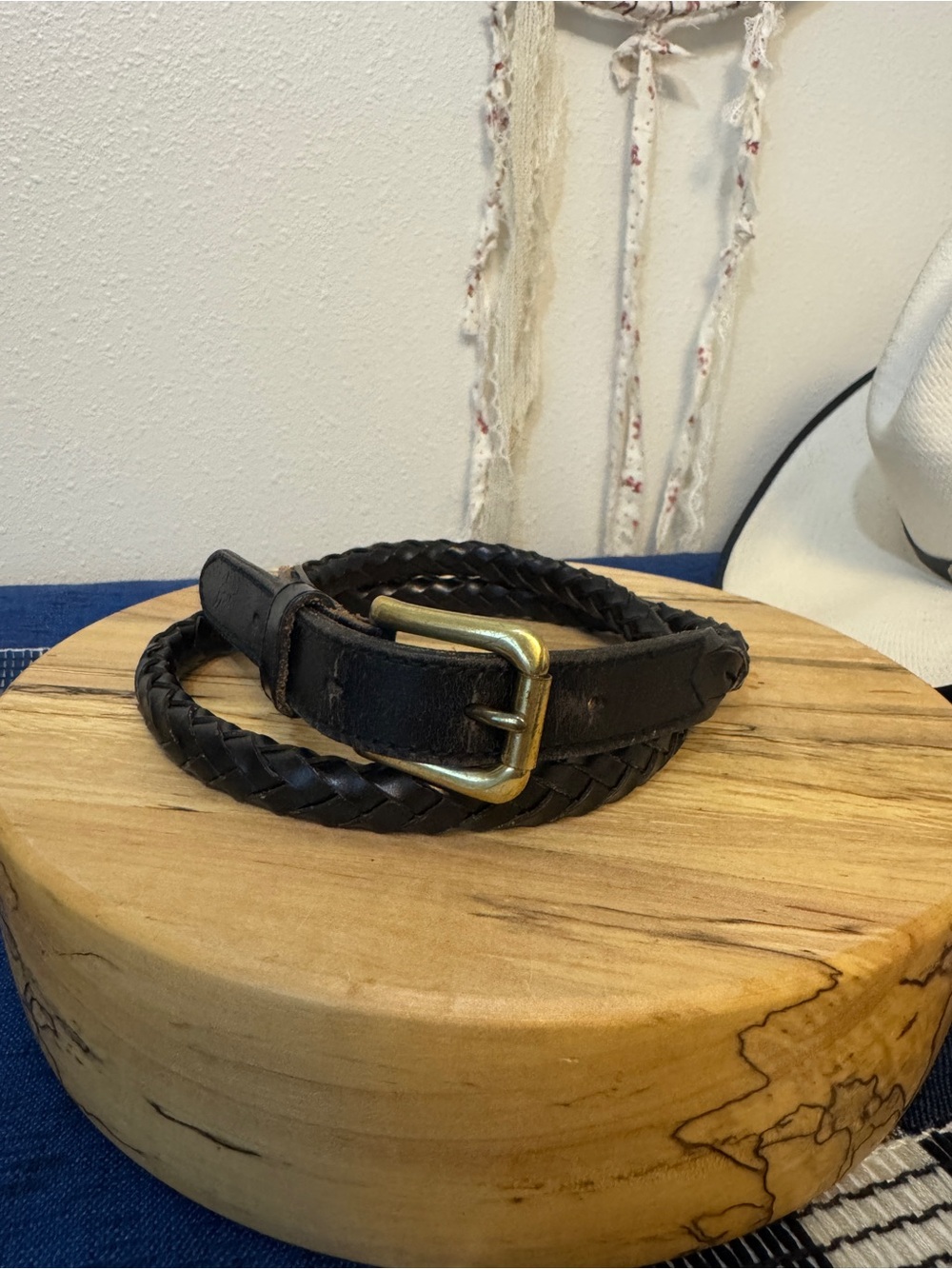 Vintage Black Braided Leather Belt, Solid Brass Buckle, Made in Taiwan R.O.C.